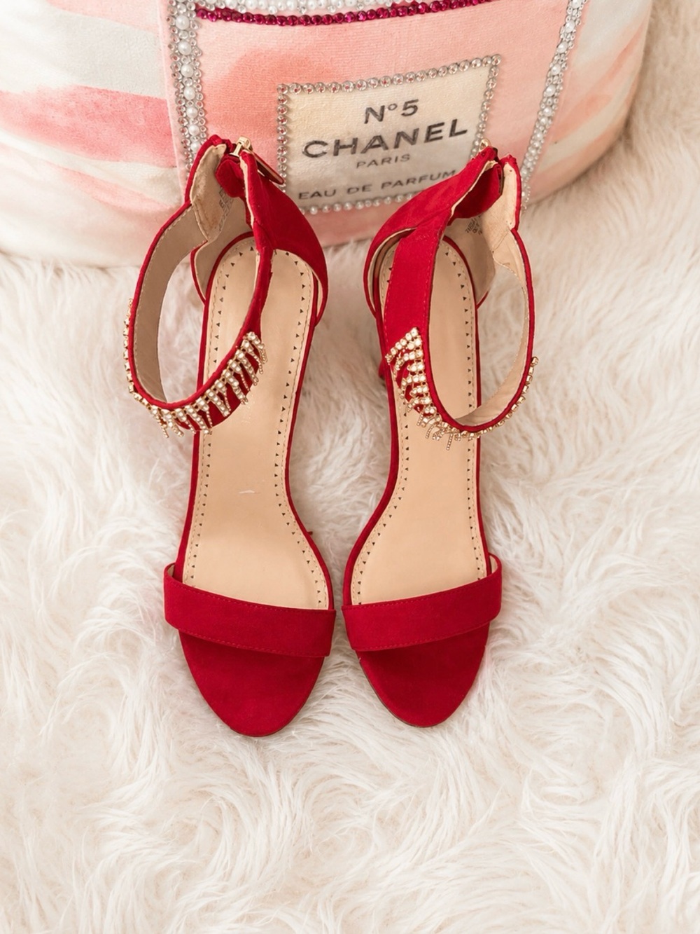 Adrienne Vittadini Red Open-Toe Ankle-Strap Heels with Crystal Fringe